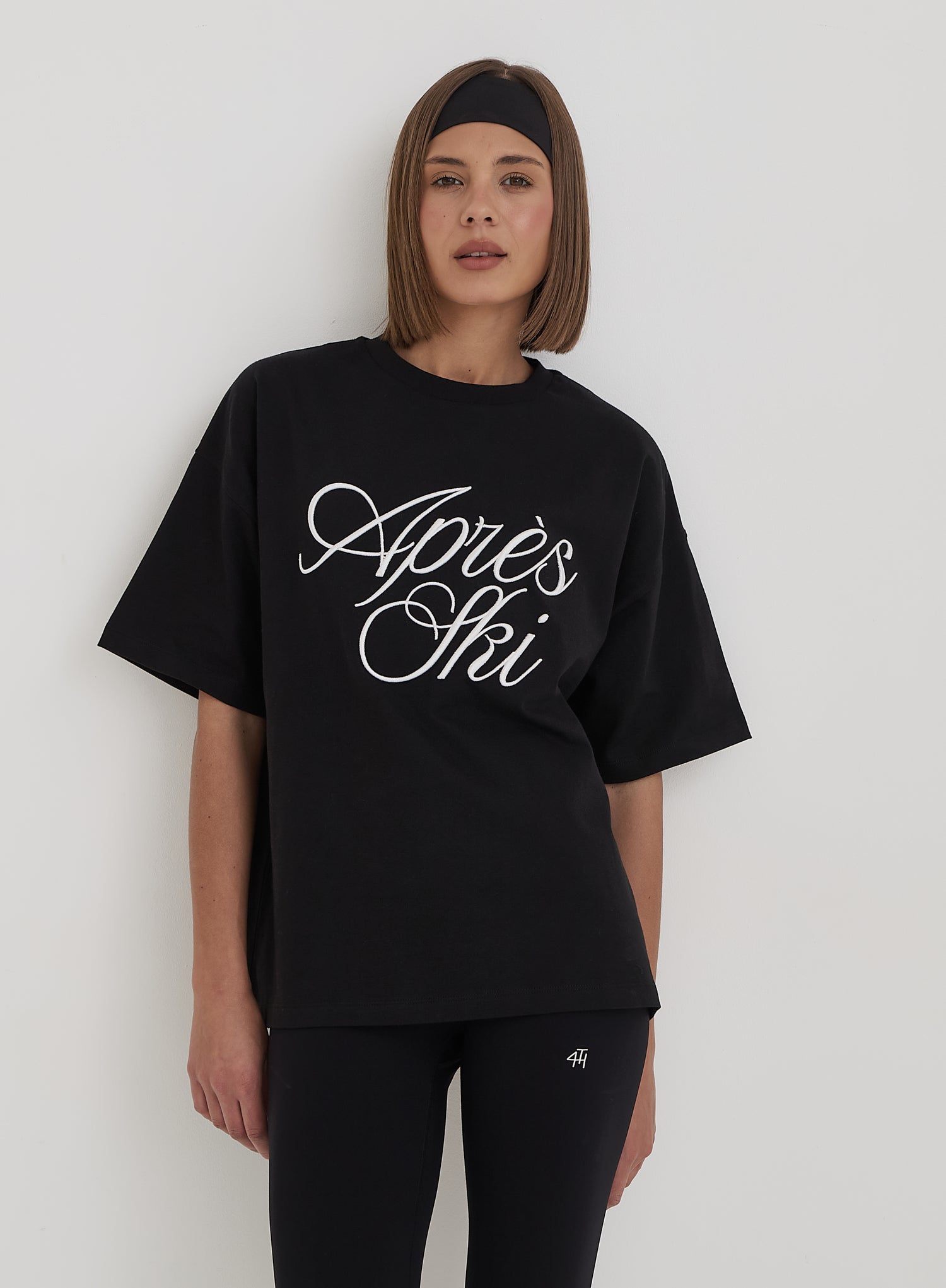 Black Embroidered Apres Ski Slogan T-Shirt